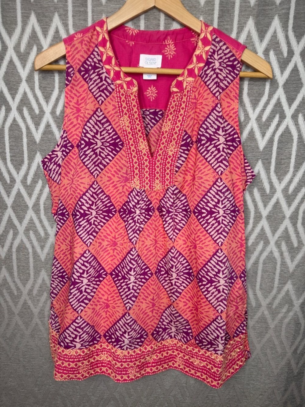 Sigrid Olsen Pink and Purple Diamond-Print Sleeveless Tunic 100% Cotton Size: M